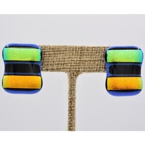 Vintage Post Dichroic Glass Earrings Metallic Blue Green Yellow Black 90s BinAI